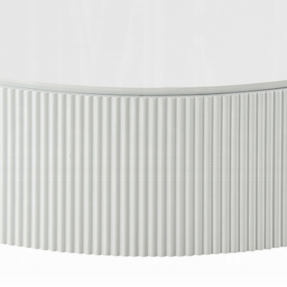 Del Modern Coffee Table, 47 Inch Round Top, Glossy White Ribbed Base - BM348550