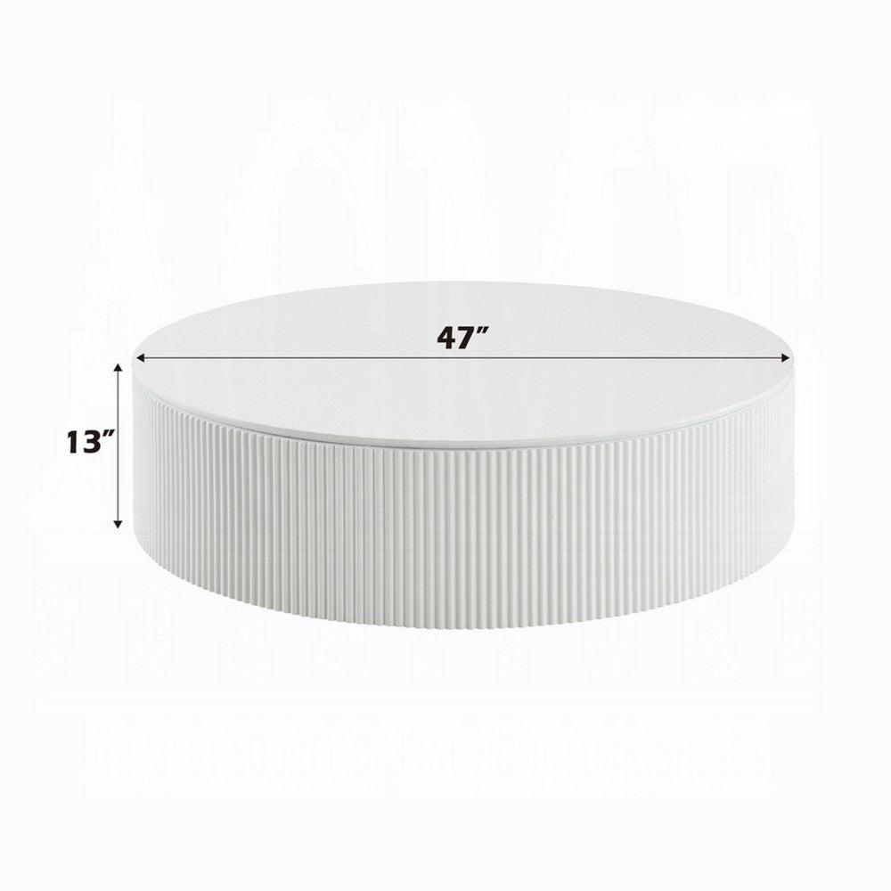 Del Modern Coffee Table, 47 Inch Round Top, Glossy White Ribbed Base - BM348550
