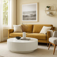 Del Modern Coffee Table, 47 Inch Round Top, Glossy White Ribbed Base - BM348550