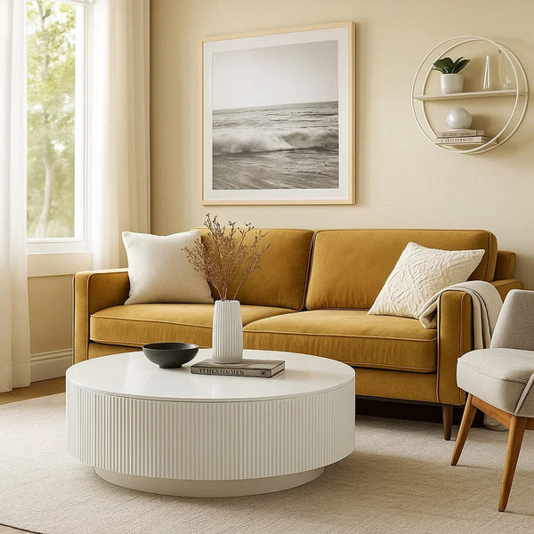Del Modern Coffee Table, 47 Inch Round Top, Glossy White Ribbed Base - BM348550