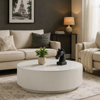 Del Modern Coffee Table, 47 Inch Round Top, Glossy White Ribbed Base - BM348550