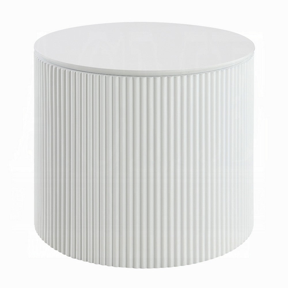 Del Modern Side End Table, 22 Inch Round Top, Glossy White Ribbed Base - BM348551