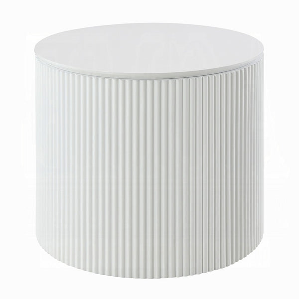 Del Modern Side End Table, 22 Inch Round Top, Glossy White Ribbed Base - BM348551