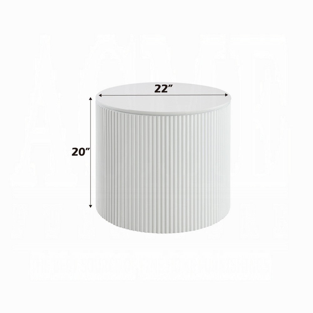 Del Modern Side End Table, 22 Inch Round Top, Glossy White Ribbed Base - BM348551