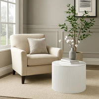 Del Modern Side End Table, 22 Inch Round Top, Glossy White Ribbed Base - BM348551