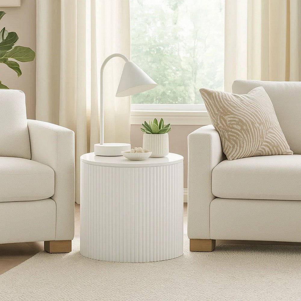 Del Modern Side End Table, 22 Inch Round Top, Glossy White Ribbed Base - BM348551