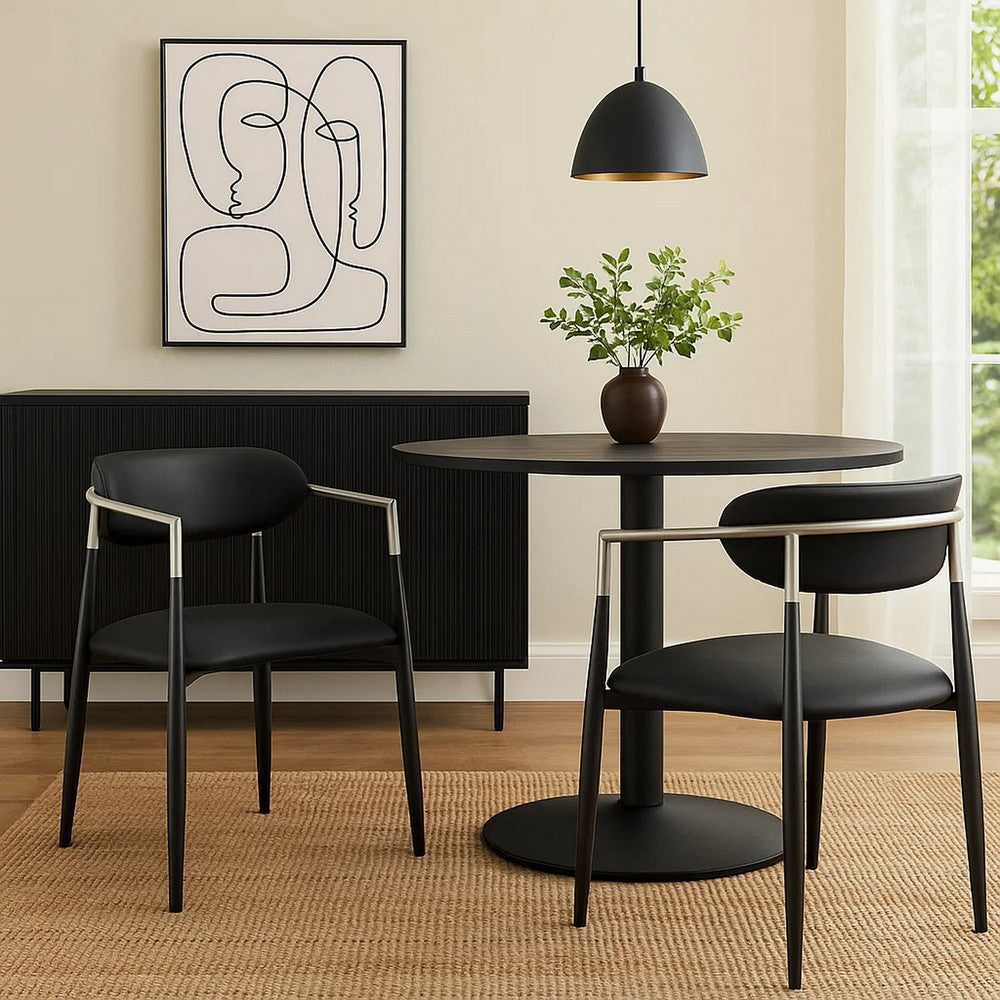 Vonn Dining Armchair Set of 2, Faux Leather Seat, Curved Back, Black Metal - BM348552