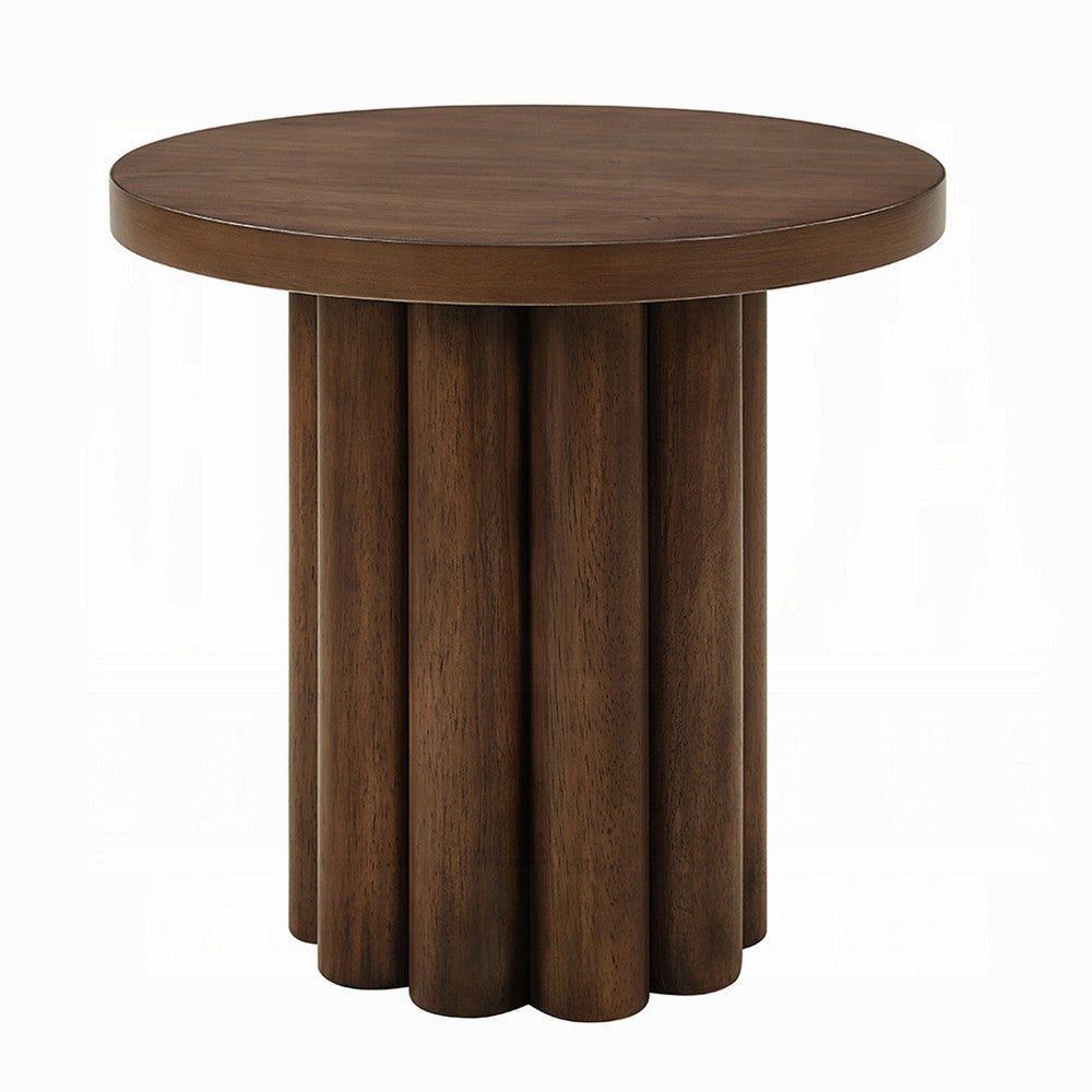 Sana Side End Table, 20 Inch Round Top, Rustic Fluted Base, Dark Brown - BM348559