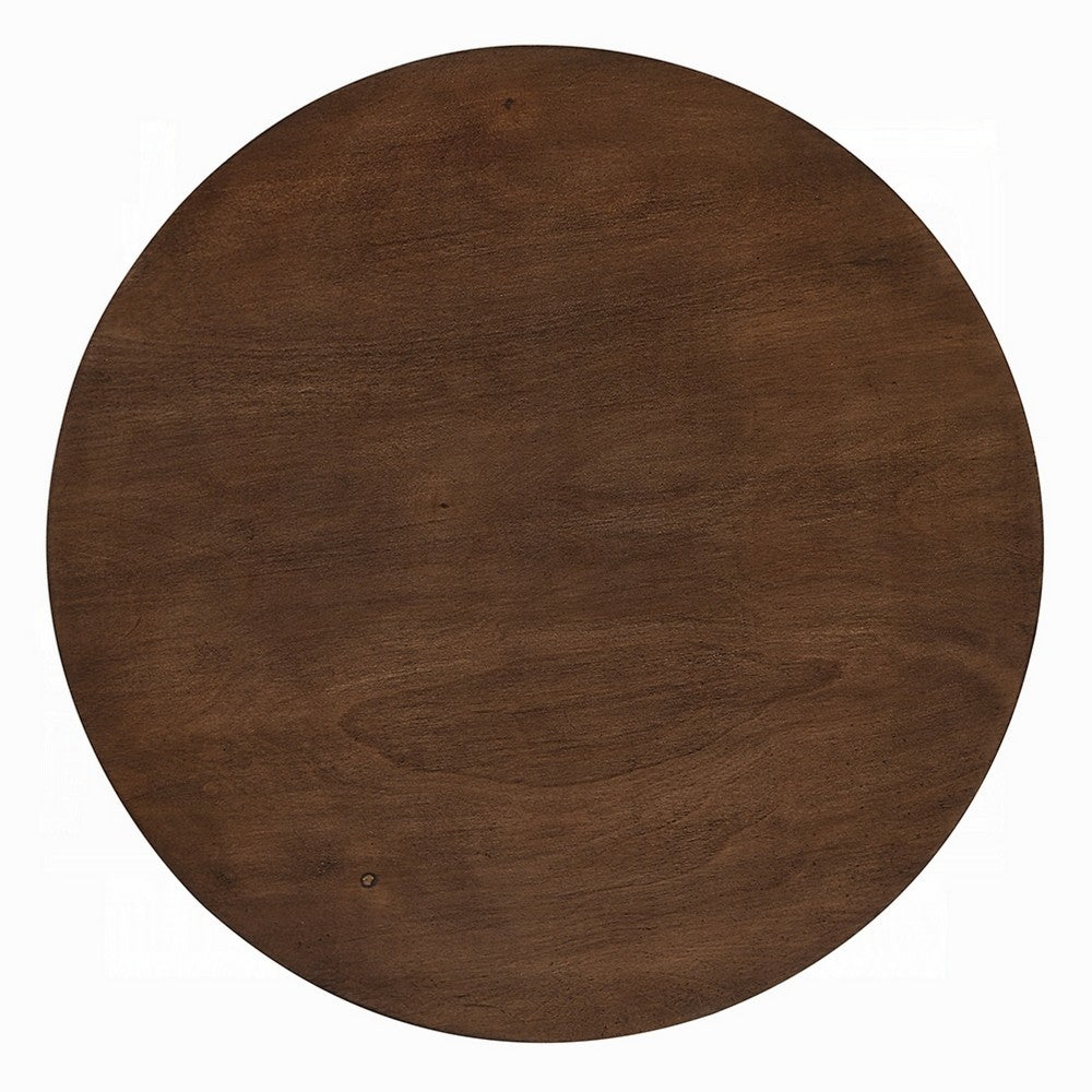 Sana Side End Table, 20 Inch Round Top, Rustic Fluted Base, Dark Brown - BM348559