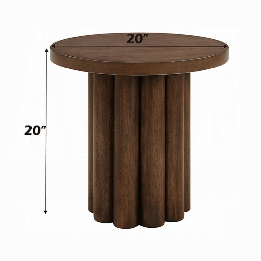 Sana Side End Table, 20 Inch Round Top, Rustic Fluted Base, Dark Brown - BM348559
