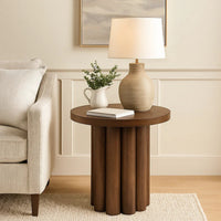 Sana Side End Table, 20 Inch Round Top, Rustic Fluted Base, Dark Brown - BM348559