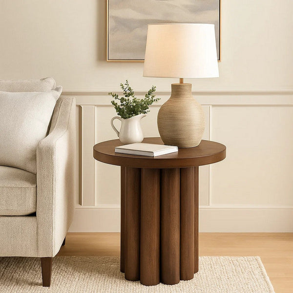 Sana Side End Table, 20 Inch Round Top, Rustic Fluted Base, Dark Brown - BM348559