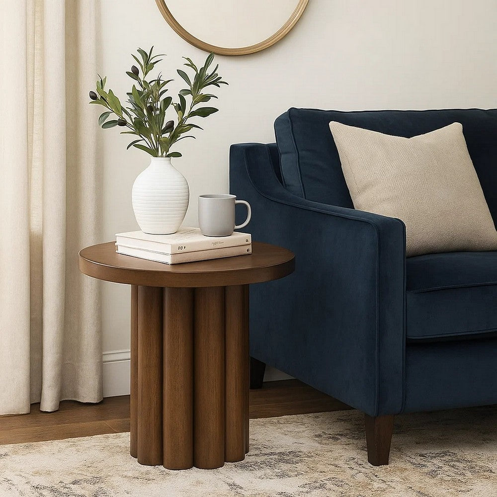 Sana Side End Table, 20 Inch Round Top, Rustic Fluted Base, Dark Brown - BM348559