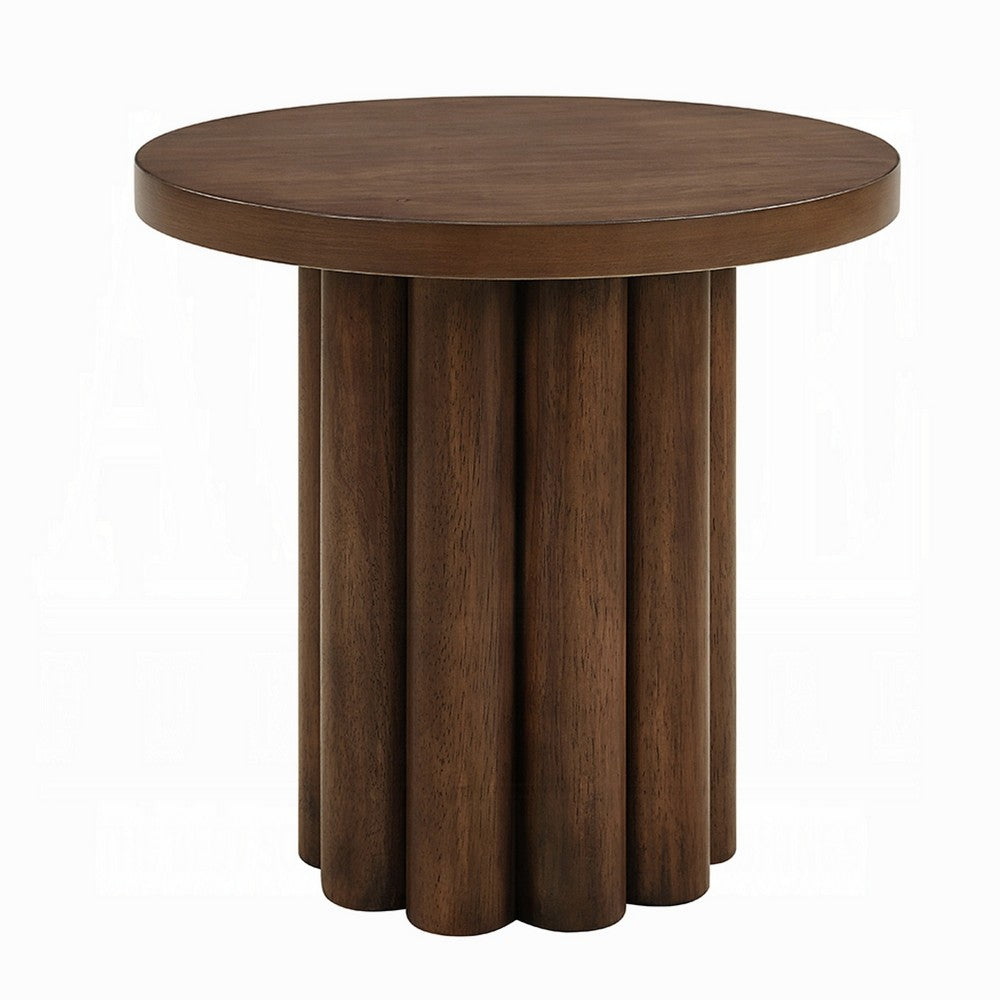 Sana Side End Table, 20 Inch Round Top, Rustic Fluted Base, Dark Brown - BM348559