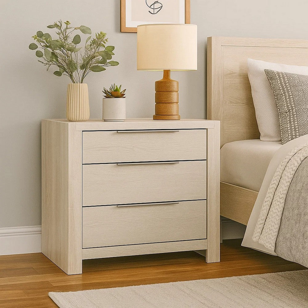 Geya Nightstand with 3 Drawers, Chrome Metal Handles, Light Gray - BM348560