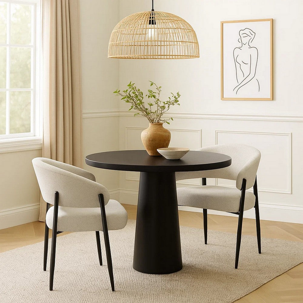 Jexy Dining Armchair Set of 2, Barrel Back, Beige Chenille, Black Metal - BM348565