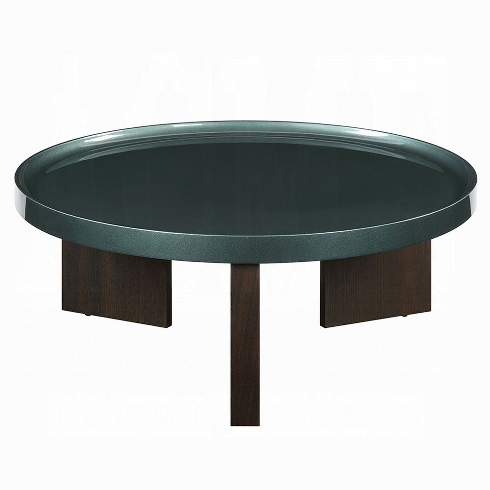 Lexy Coffee Table, 35 Inch Round Top, Low Profile High Gloss Blackish Green - BM348566