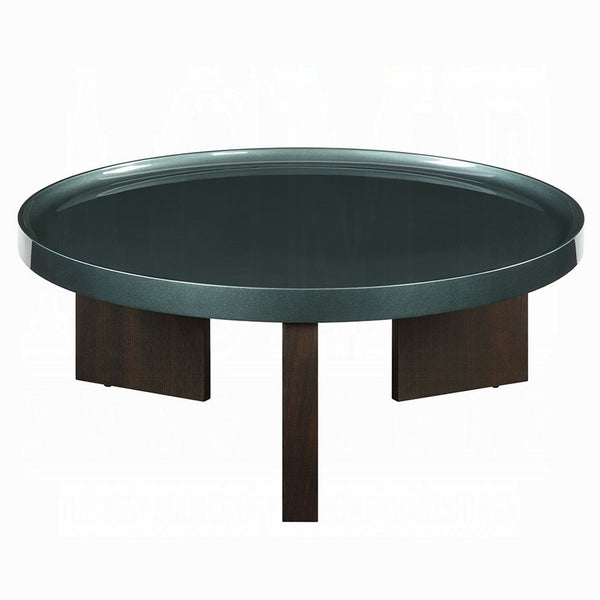 Lexy Coffee Table, 35 Inch Round Top, Low Profile High Gloss Blackish Green - BM348566