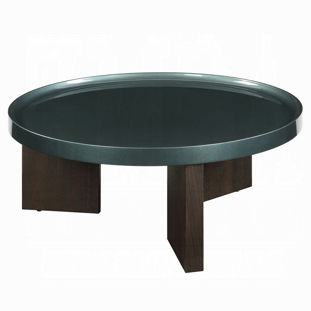 Lexy Coffee Table, 35 Inch Round Top, Low Profile High Gloss Blackish Green - BM348566