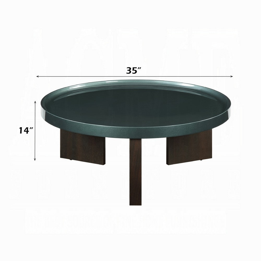 Lexy Coffee Table, 35 Inch Round Top, Low Profile High Gloss Blackish Green - BM348566