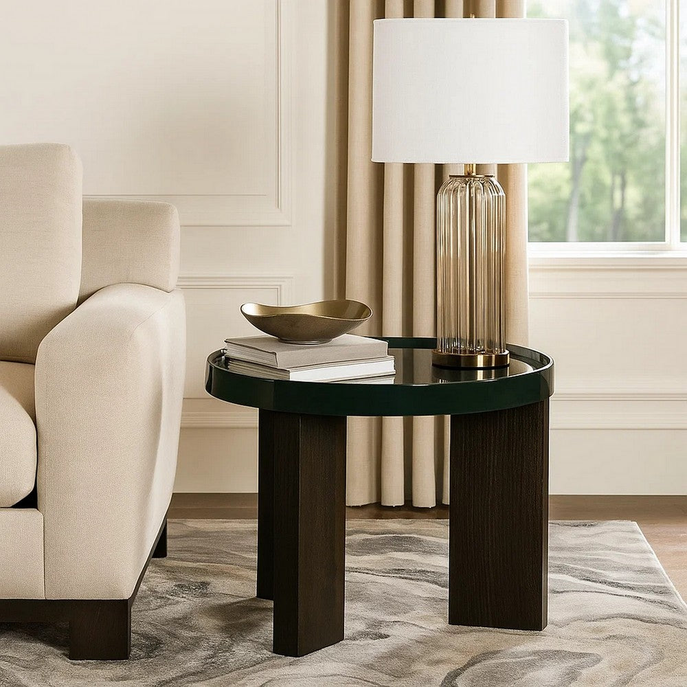 Lexy Side End Table, 24 Inch Round Top, High Gloss Blackish Green - BM348567