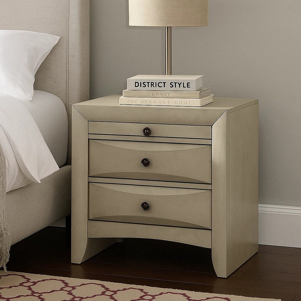 Remy Nightstand, 3 Contemporary Faceted Drawers, Antique White Finish - BM348568
