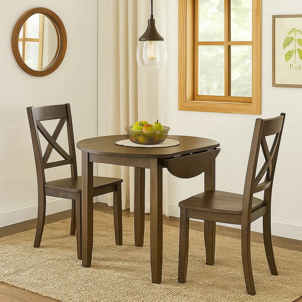 Dexy Dining Table, 35 Inch Round Top, Farmhouse Walnut Brown Wood - BM348573