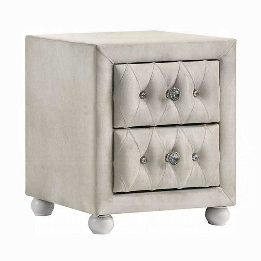 Rex Nightstand, 2 Drawers, Classic Crystal Tufted Beige Upholstery - BM348578