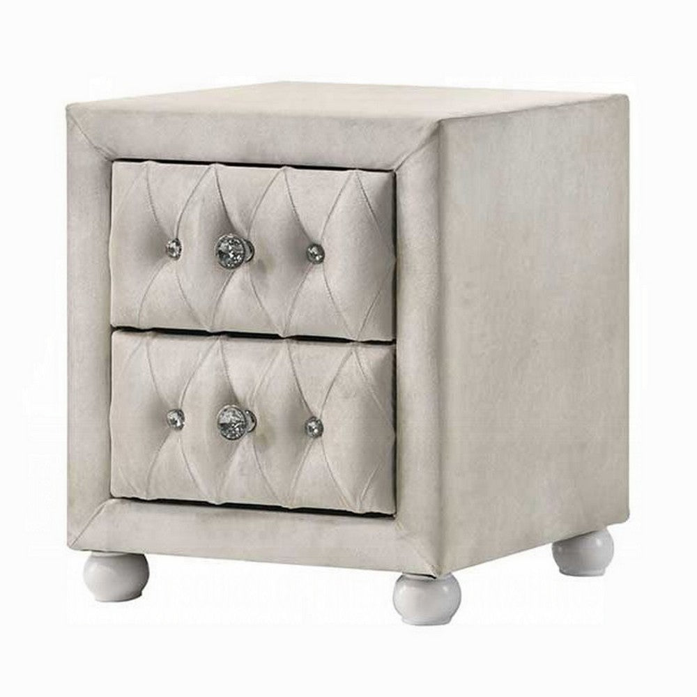 Rex Nightstand, 2 Drawers, Classic Crystal Tufted Beige Upholstery - BM348578