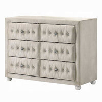 Rex 40 Inch Wide Dresser, 6 Drawers, Crystal Tufted Beige Upholstery - BM348579