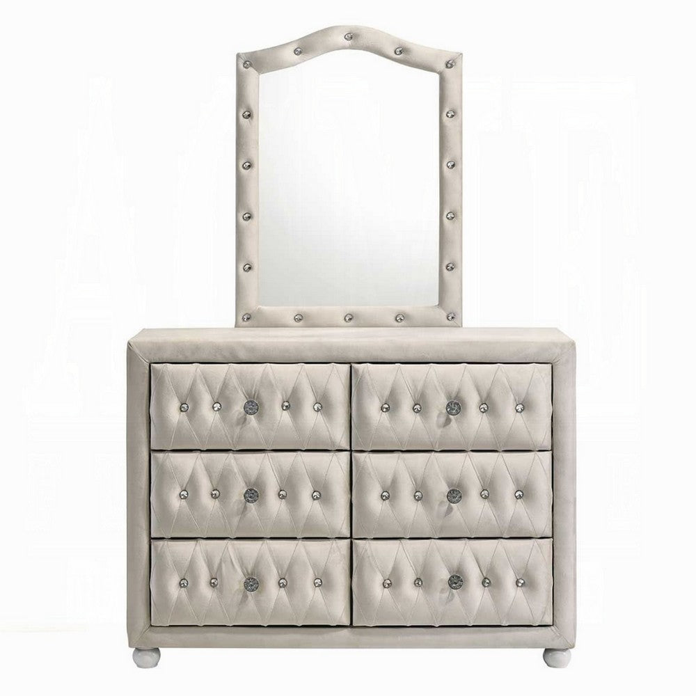 Rex 40 Inch Wide Dresser, 6 Drawers, Crystal Tufted Beige Upholstery - BM348579