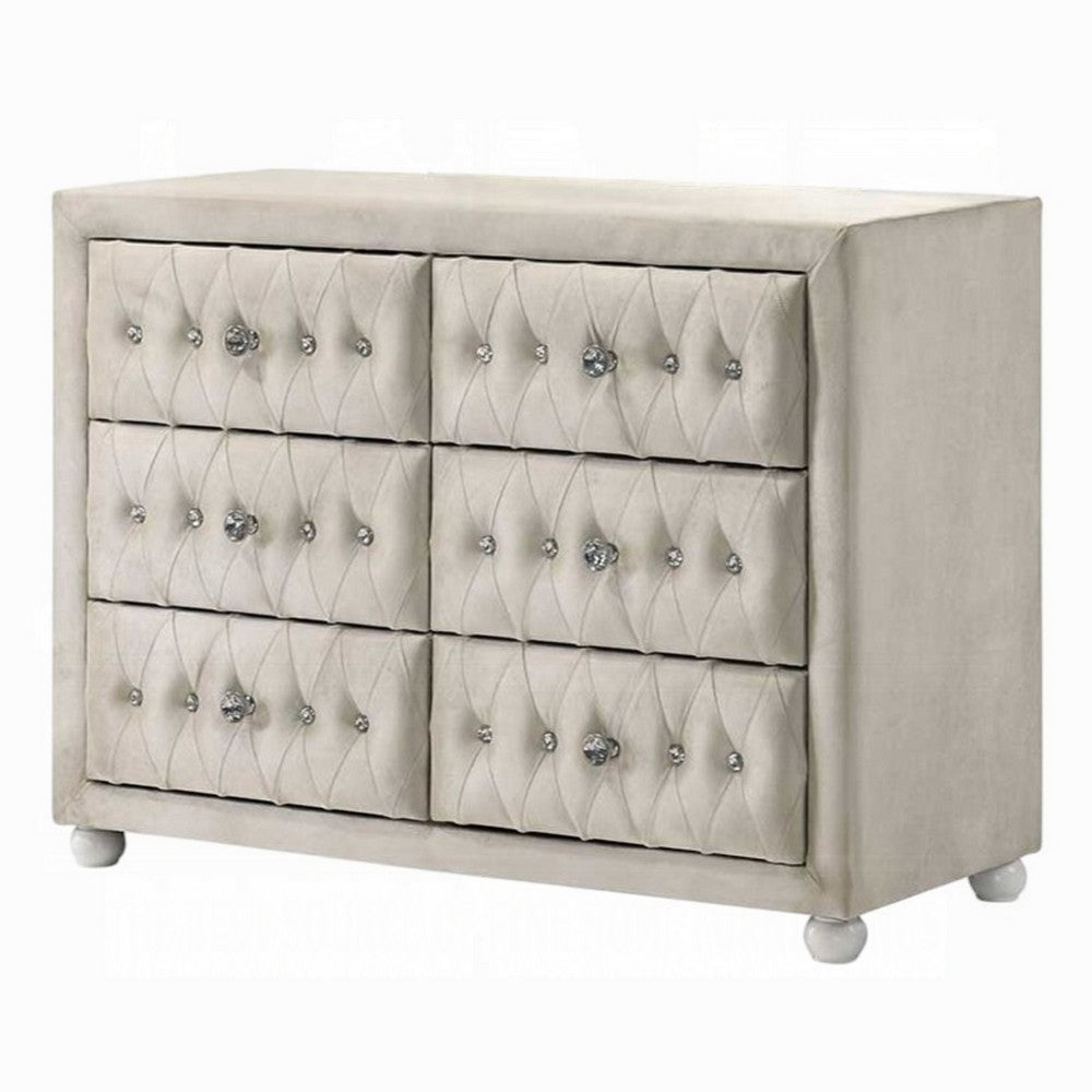 Rex 40 Inch Wide Dresser, 6 Drawers, Crystal Tufted Beige Upholstery - BM348579