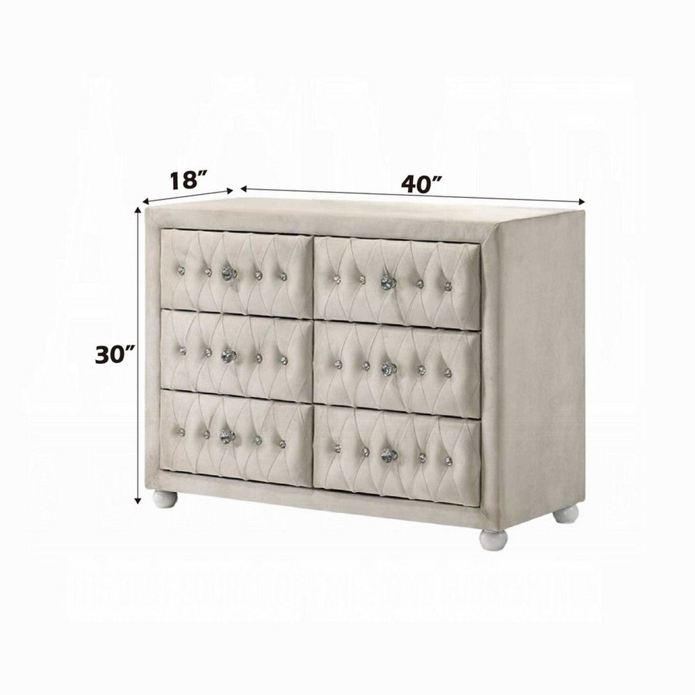 Rex 40 Inch Wide Dresser, 6 Drawers, Crystal Tufted Beige Upholstery - BM348579