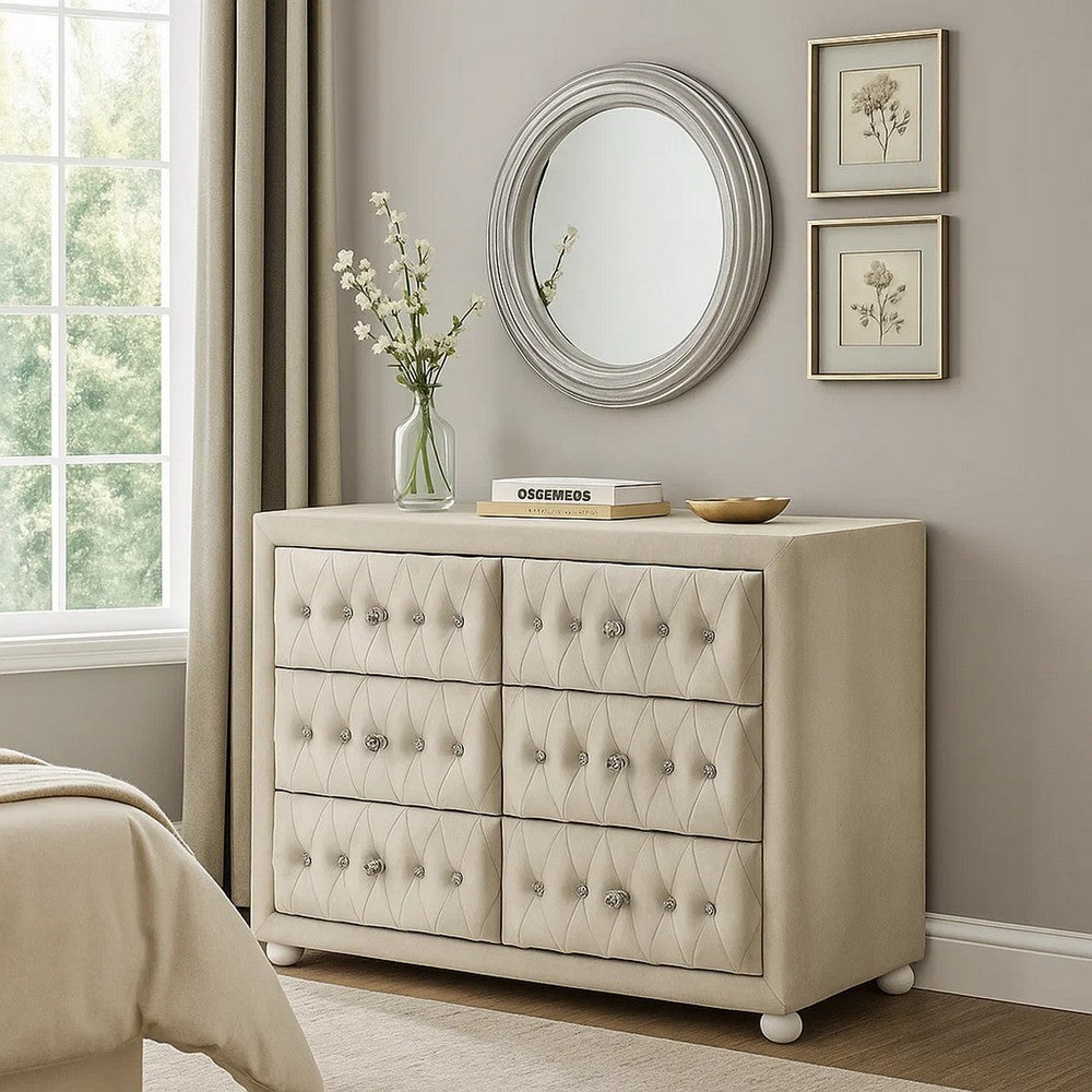 Rex 40 Inch Wide Dresser, 6 Drawers, Crystal Tufted Beige Upholstery - BM348579