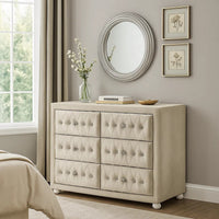 Rex 40 Inch Wide Dresser, 6 Drawers, Crystal Tufted Beige Upholstery - BM348579