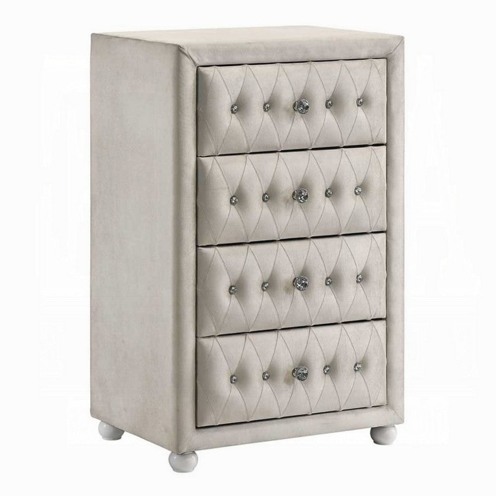 Rex Tall Dresser Chest, 4 Drawers, Crystal Tufted Beige Upholstery - BM348580
