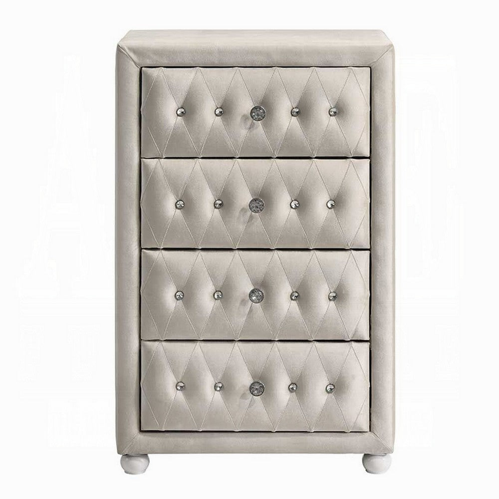 Rex Tall Dresser Chest, 4 Drawers, Crystal Tufted Beige Upholstery - BM348580