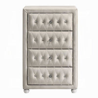 Rex Tall Dresser Chest, 4 Drawers, Crystal Tufted Beige Upholstery - BM348580