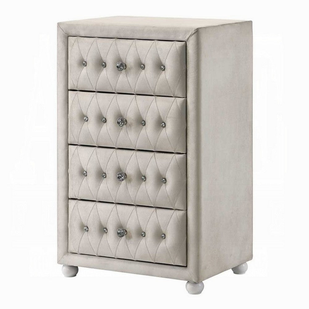 Rex Tall Dresser Chest, 4 Drawers, Crystal Tufted Beige Upholstery - BM348580
