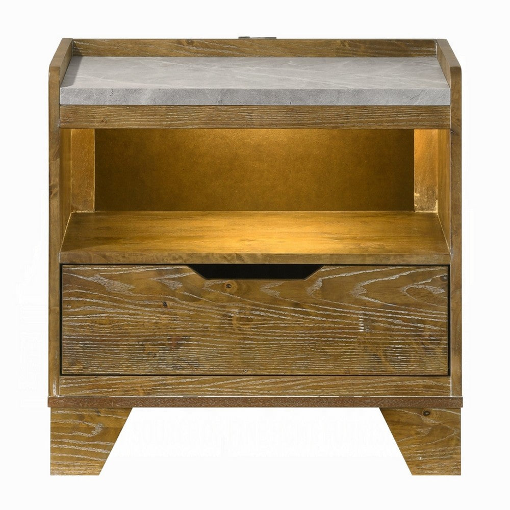Gary Nightstand with LED, 1 Drawer and Open Cubby, Farmhouse Aspen Brown - BM348581
