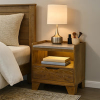 Gary Nightstand with LED, 1 Drawer and Open Cubby, Farmhouse Aspen Brown - BM348581