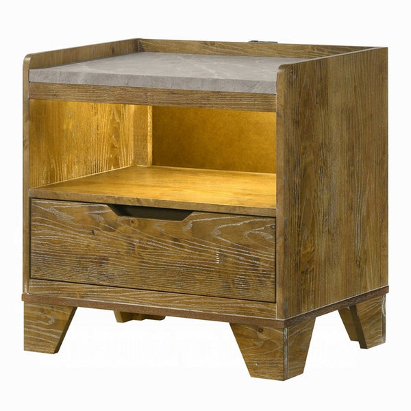 Gary Nightstand with LED, 1 Drawer and Open Cubby, Farmhouse Aspen Brown - BM348581