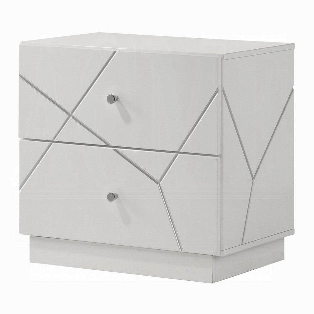 Esy Nightstand, 2 Drawers with Crystal Knobs, White Carved Pattern - BM348584