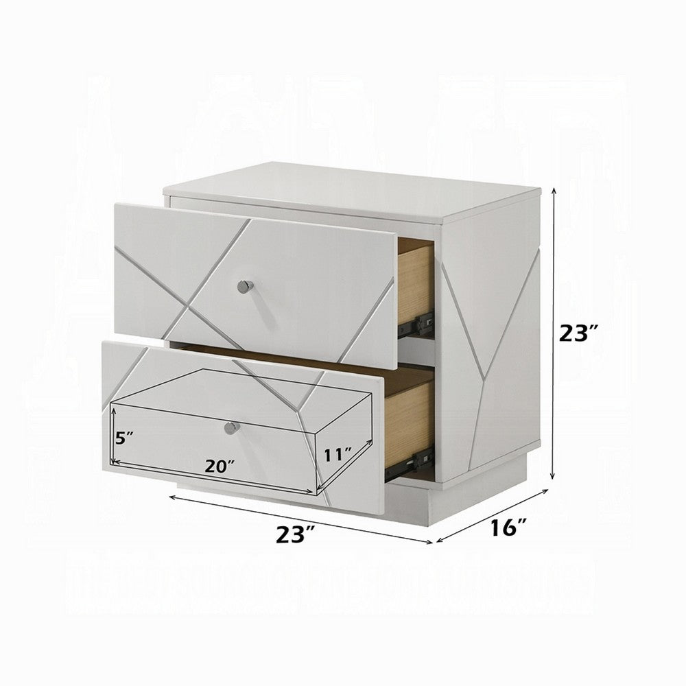 Esy Nightstand, 2 Drawers with Crystal Knobs, White Carved Pattern - BM348584