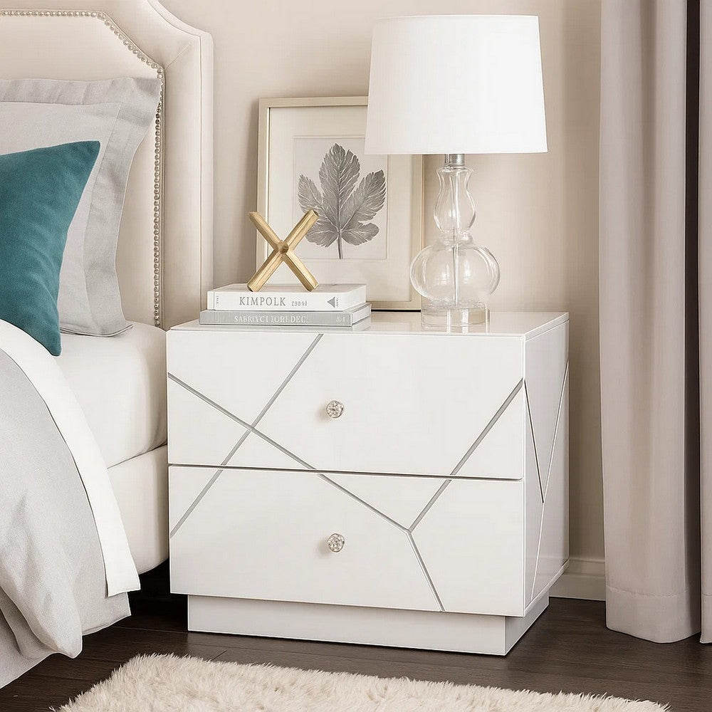 Esy Nightstand, 2 Drawers with Crystal Knobs, White Carved Pattern - BM348584