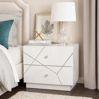 Esy Nightstand, 2 Drawers with Crystal Knobs, White Carved Pattern - BM348584