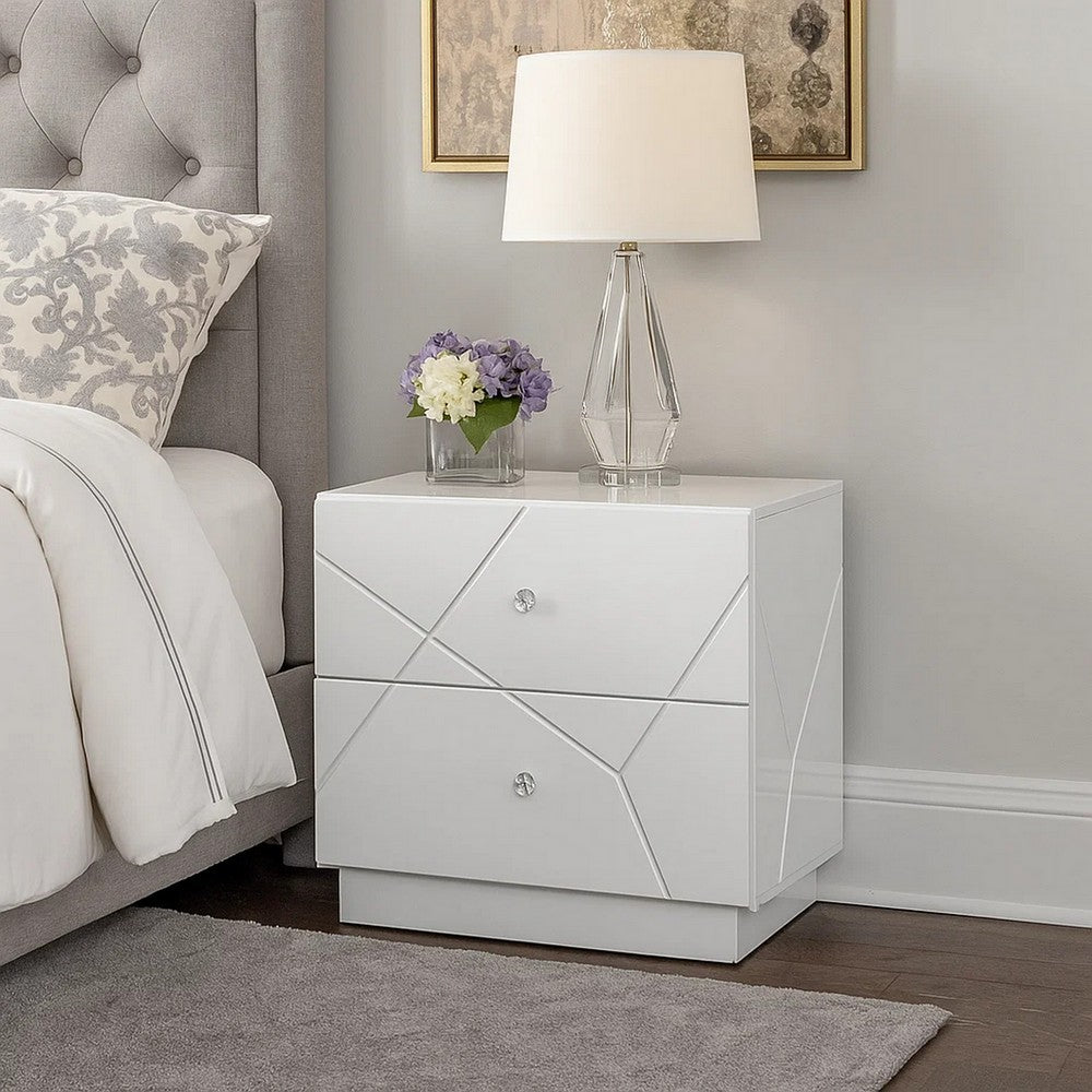 Esy Nightstand, 2 Drawers with Crystal Knobs, White Carved Pattern - BM348584