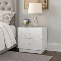 Esy Nightstand, 2 Drawers with Crystal Knobs, White Carved Pattern - BM348584