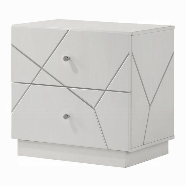 Esy Nightstand, 2 Drawers with Crystal Knobs, White Carved Pattern - BM348584