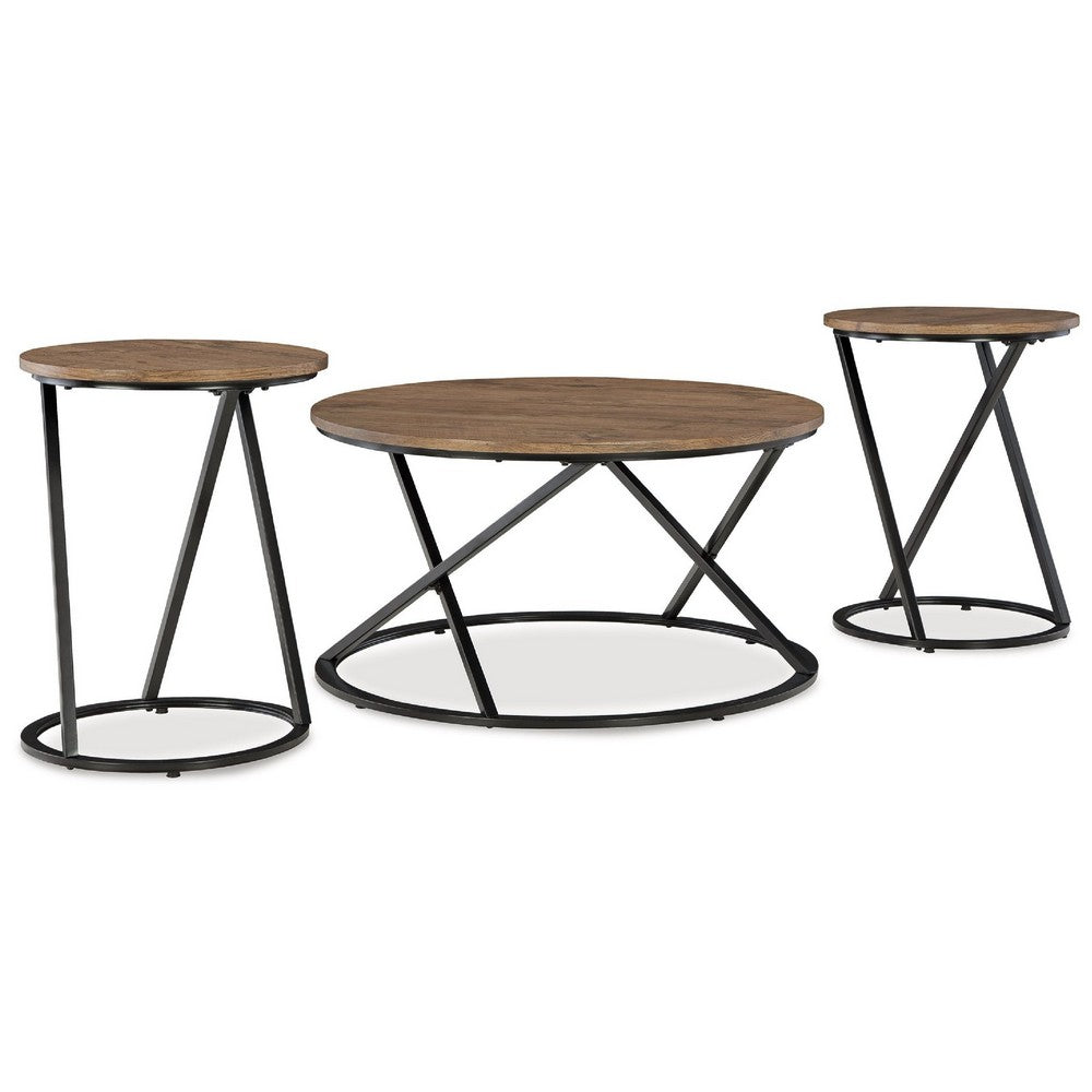 Kai 3pc Living Room Occasional Table Set, Round, Black Metal Angled Frame - BM348588